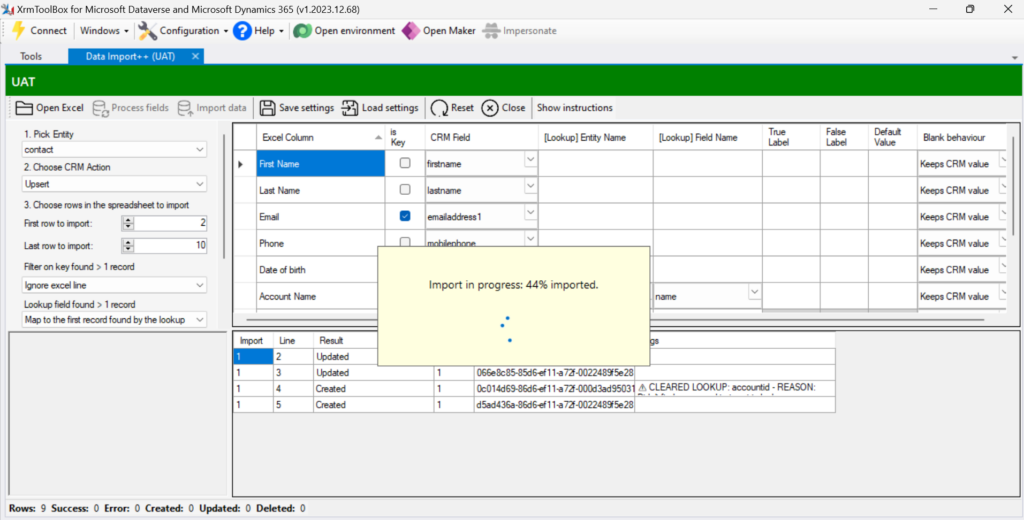 A screenshot showing version two of DataImport++ demonstrating how it can Import data from excel to Dynamics 365. An Excel data import to Dataverse is in progress.